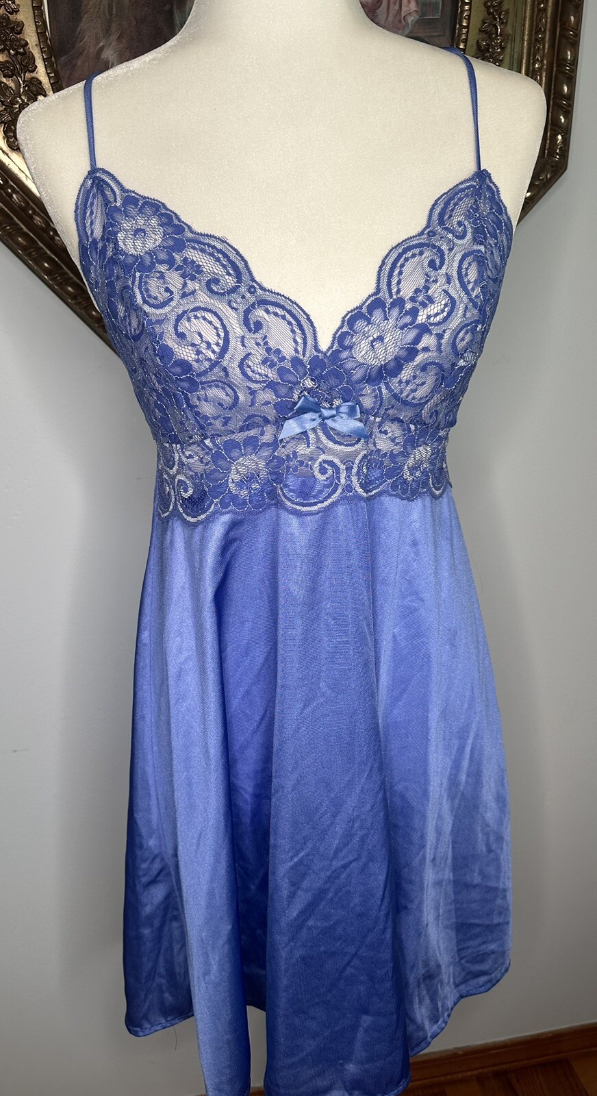Vtg M PETRA Fashions BABYDOLL LINGERIE Nightie Periwinkle Nylon Chemise Slip