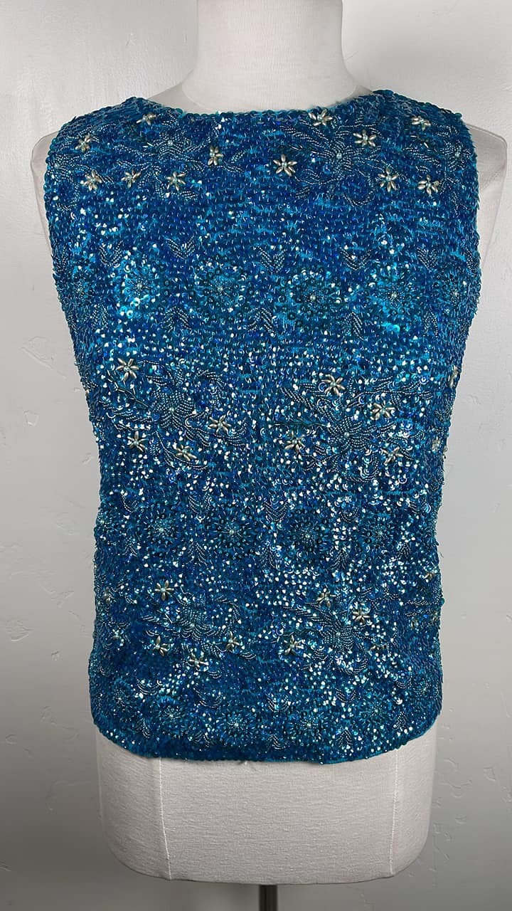 Gorgeous 1960&rsquo;s fully sequined and beaded turquoise tank top Hong Kong