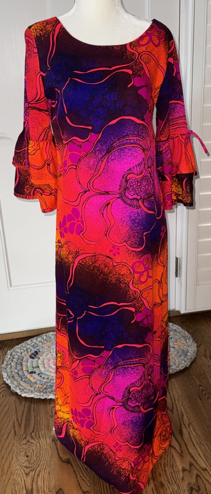 Vintage Sears Hawaiian Fashions Orange Purple Blue Barkcloth Maxi Dress 36” Bust