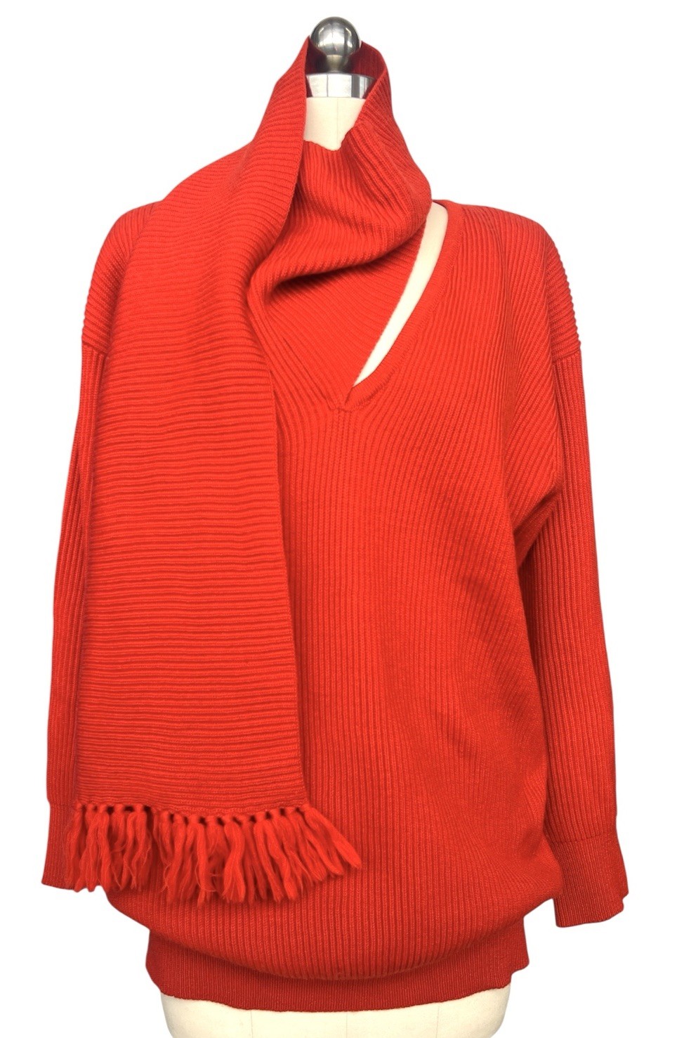 Vintage Adrienne Vittadini Red WoolSweater Scarf Wrap V Nk Minimalist 80s 90s S
