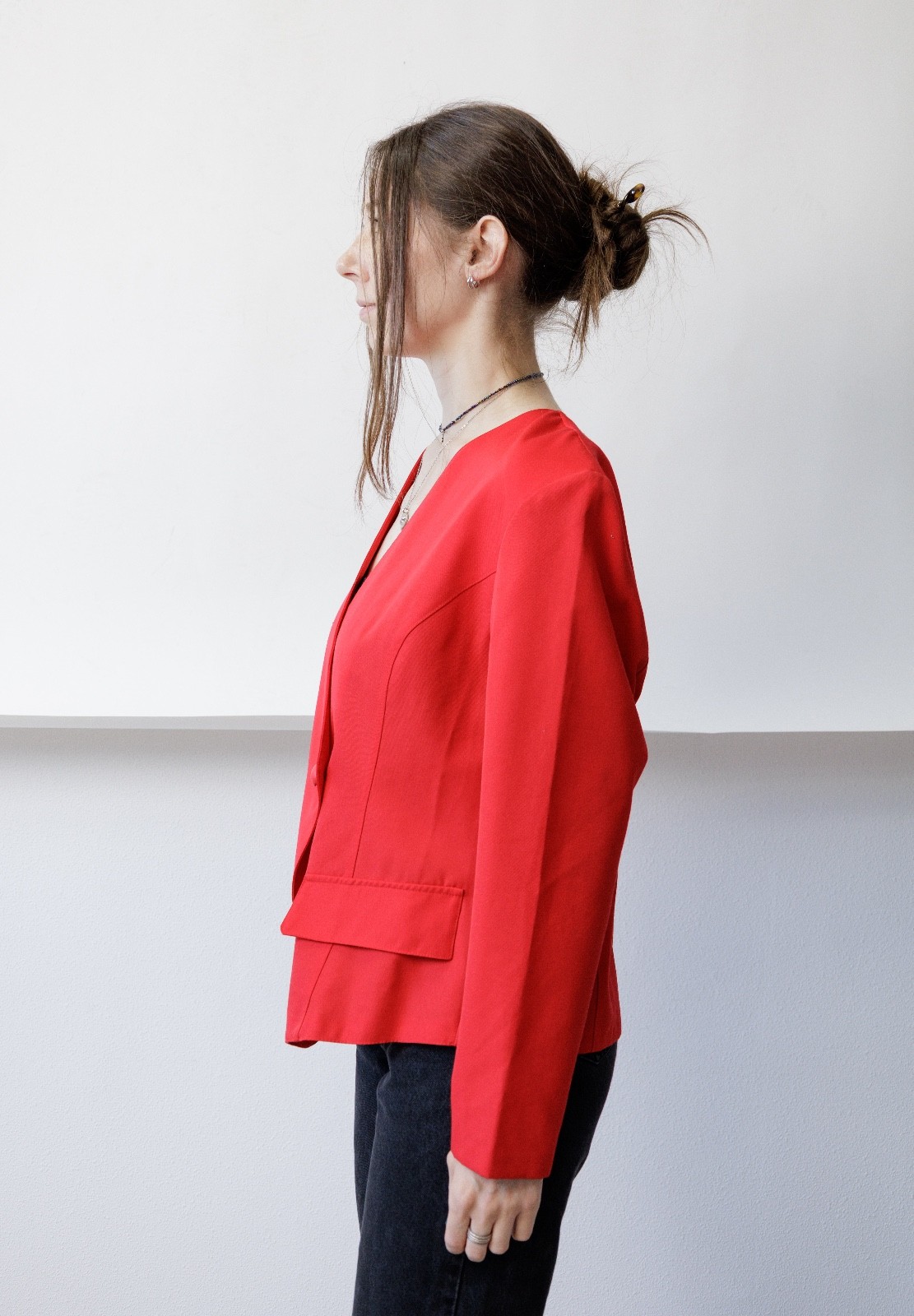 Vintage 80s Crimson Red Wool Blend Blazer Collarless V-Neck Power Jacket Women&rsquo;s