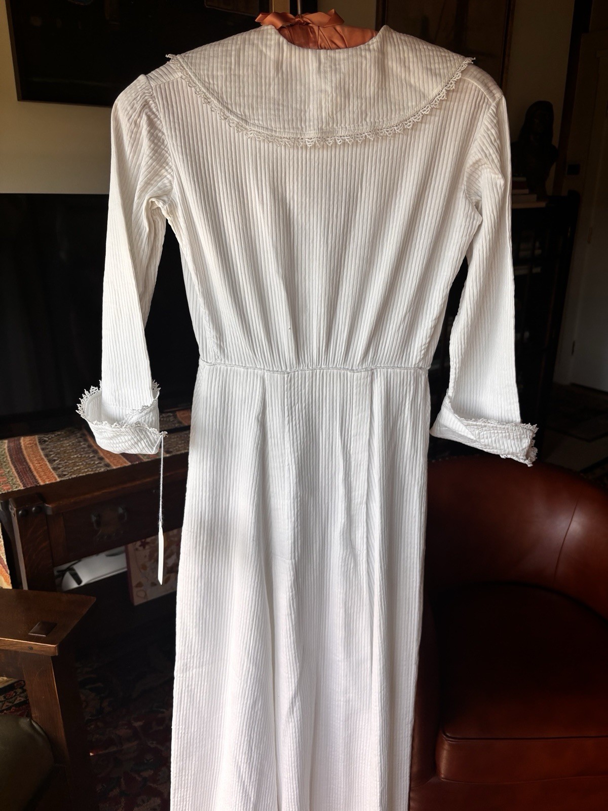 Antique Edwardian Early 1900s White Cotton Dressing Gown Robe Sz S Empire Waist
