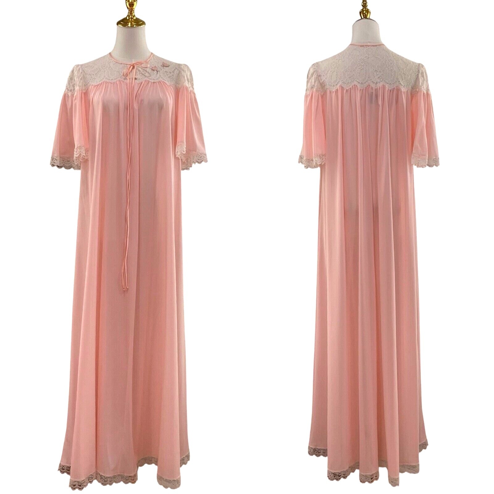 Vintage 90s Coquette Lucie Ann Peaches & Cream Nylon Lacy Maxi Nightgown Size S