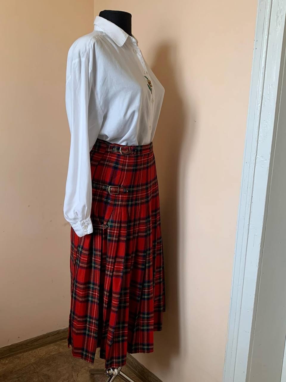 Vintage HIRSCH Scottish Kilt Skirt Pure New Wool Red Tartan Plaid Pleated EU 38