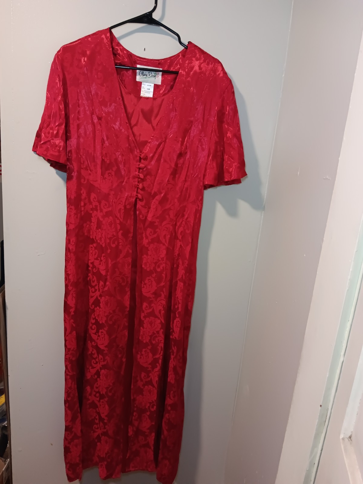 VTG 90s Cocktail Gown Sz 18M Long Red Satin Brocade Prom Renaissance Olivia Ros