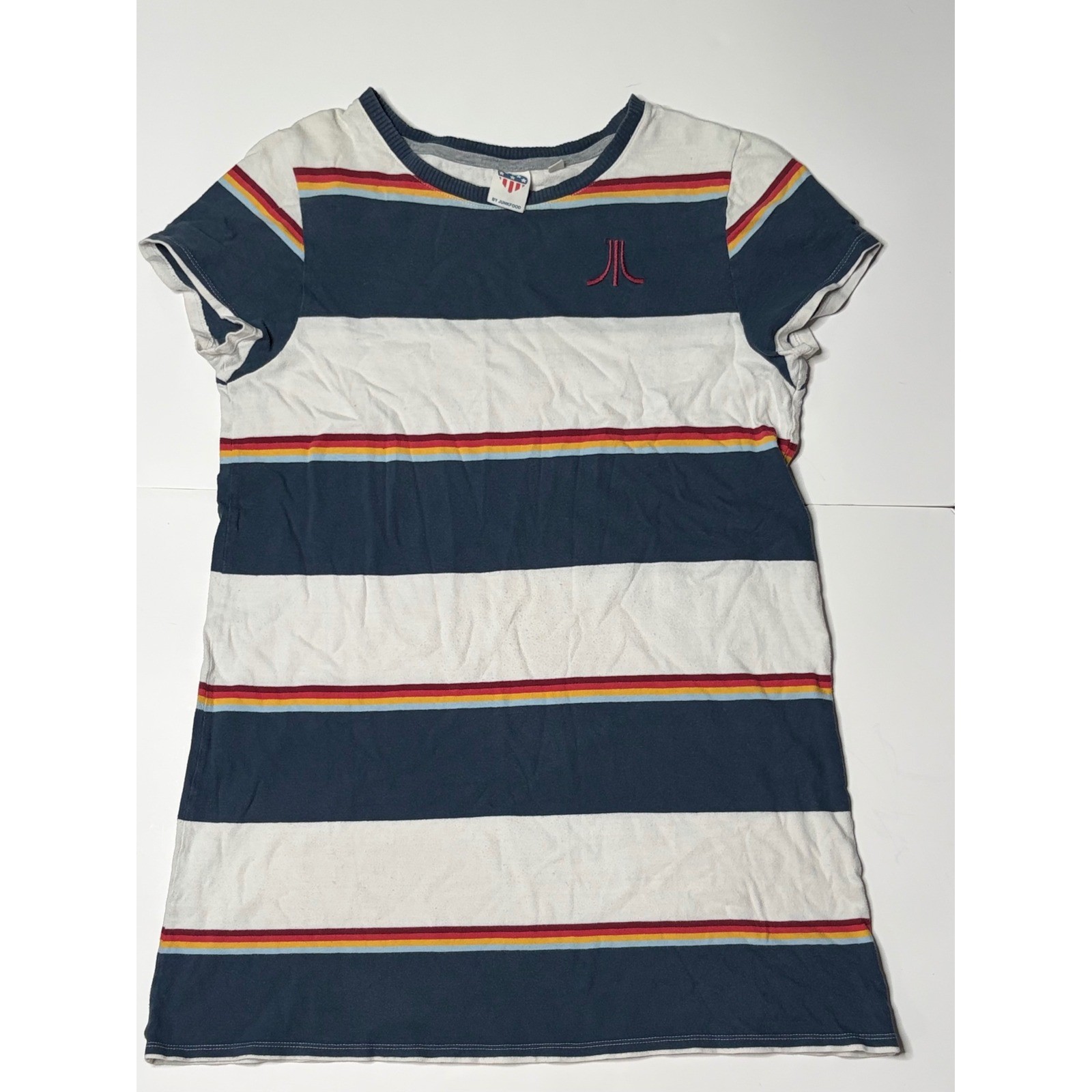 Junk Food Atari Stripe TShirt Womens Large Navy White Rainbow Retro Gaming Dress