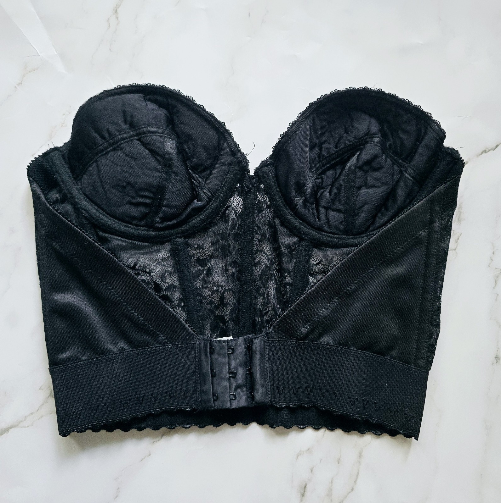 Sears Black Lace Vintage Bustier Longline Pinup Underwire Strapless Bra 36C