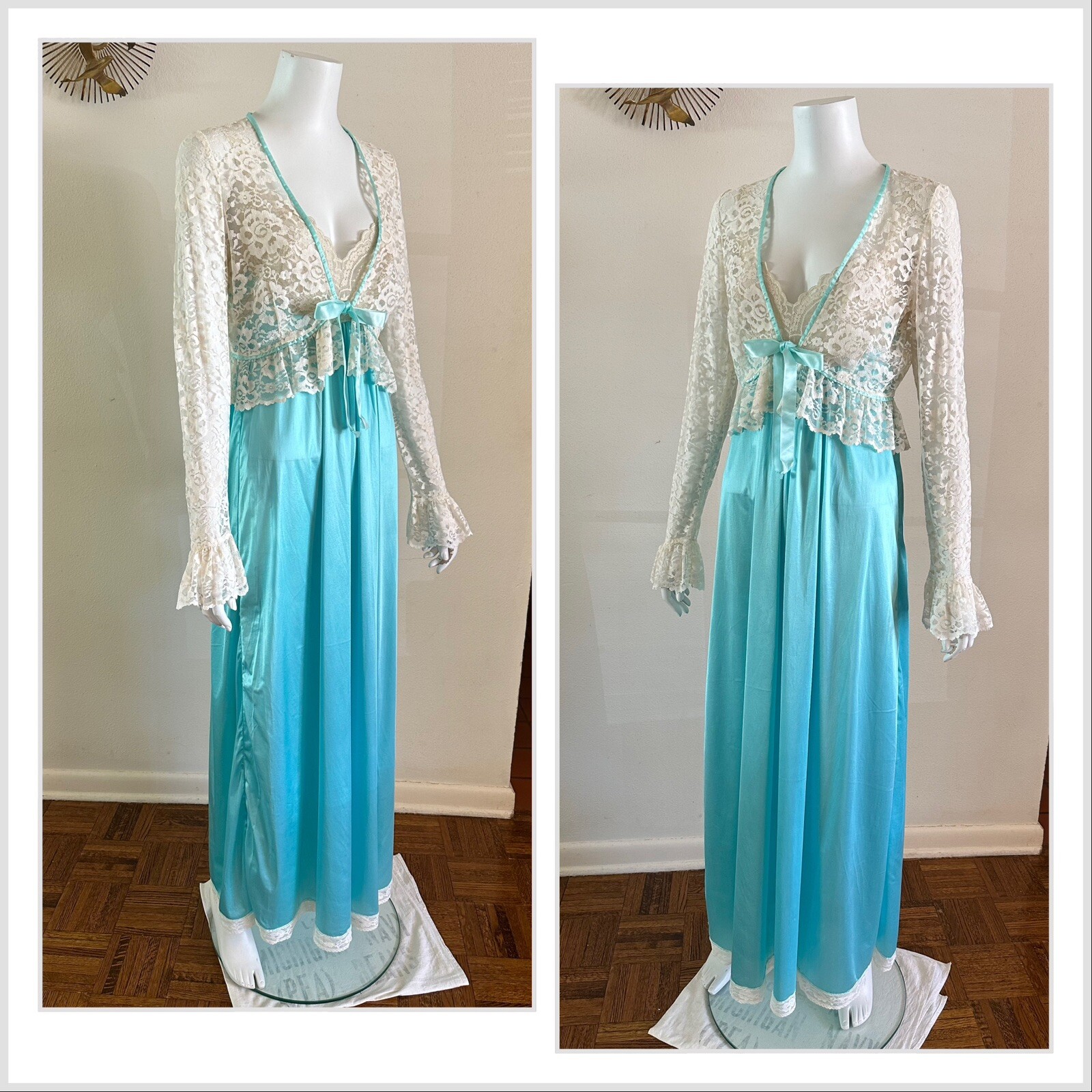 1970s Miss Elaine 2 Pc Lace Bed Jacket Negligee Nightgown Boho Hostess Gown VTG