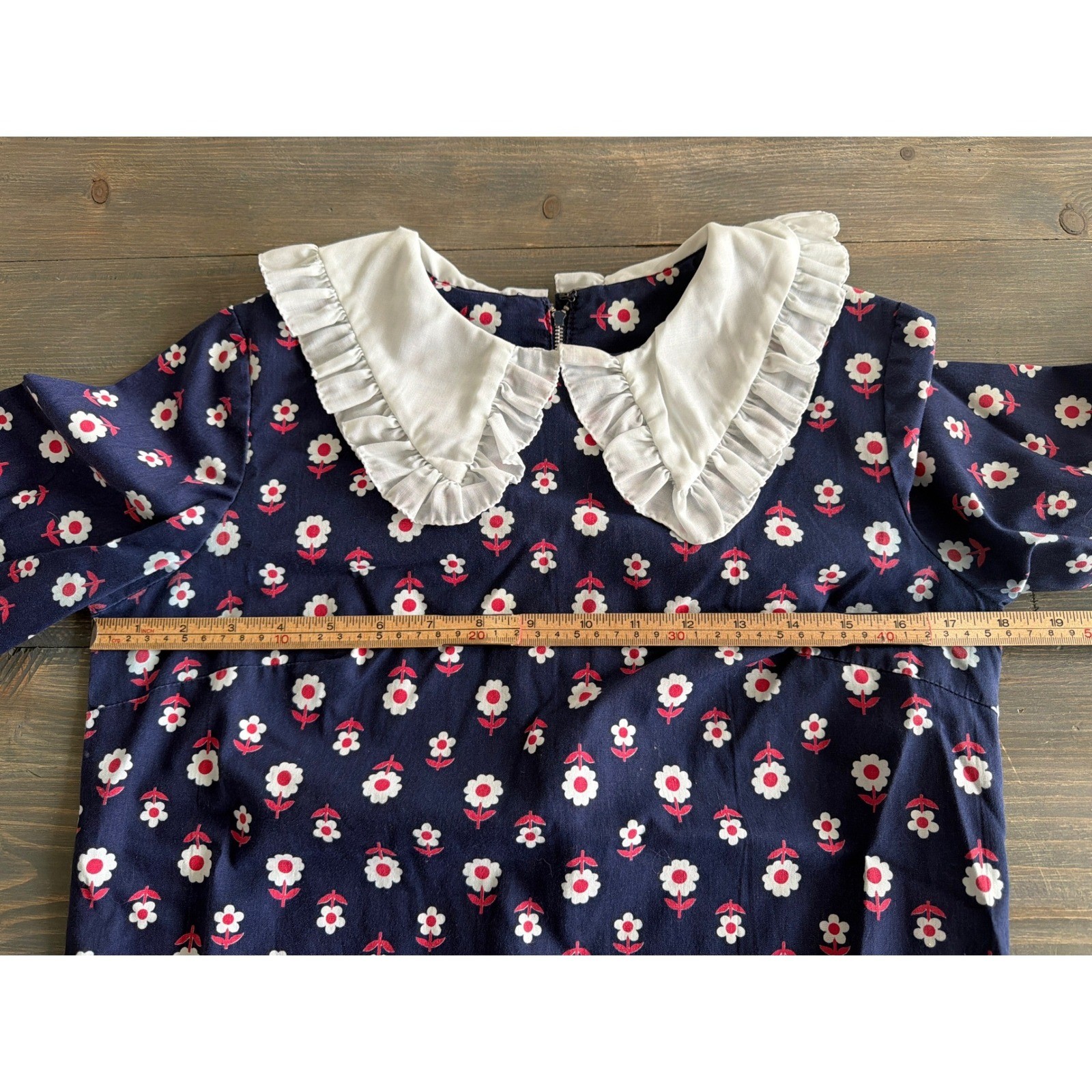 Vtg Sears Jr Bazaar Navy Floral Ruffled Peter Pan Collar Dress Women&rsquo;s Size 11