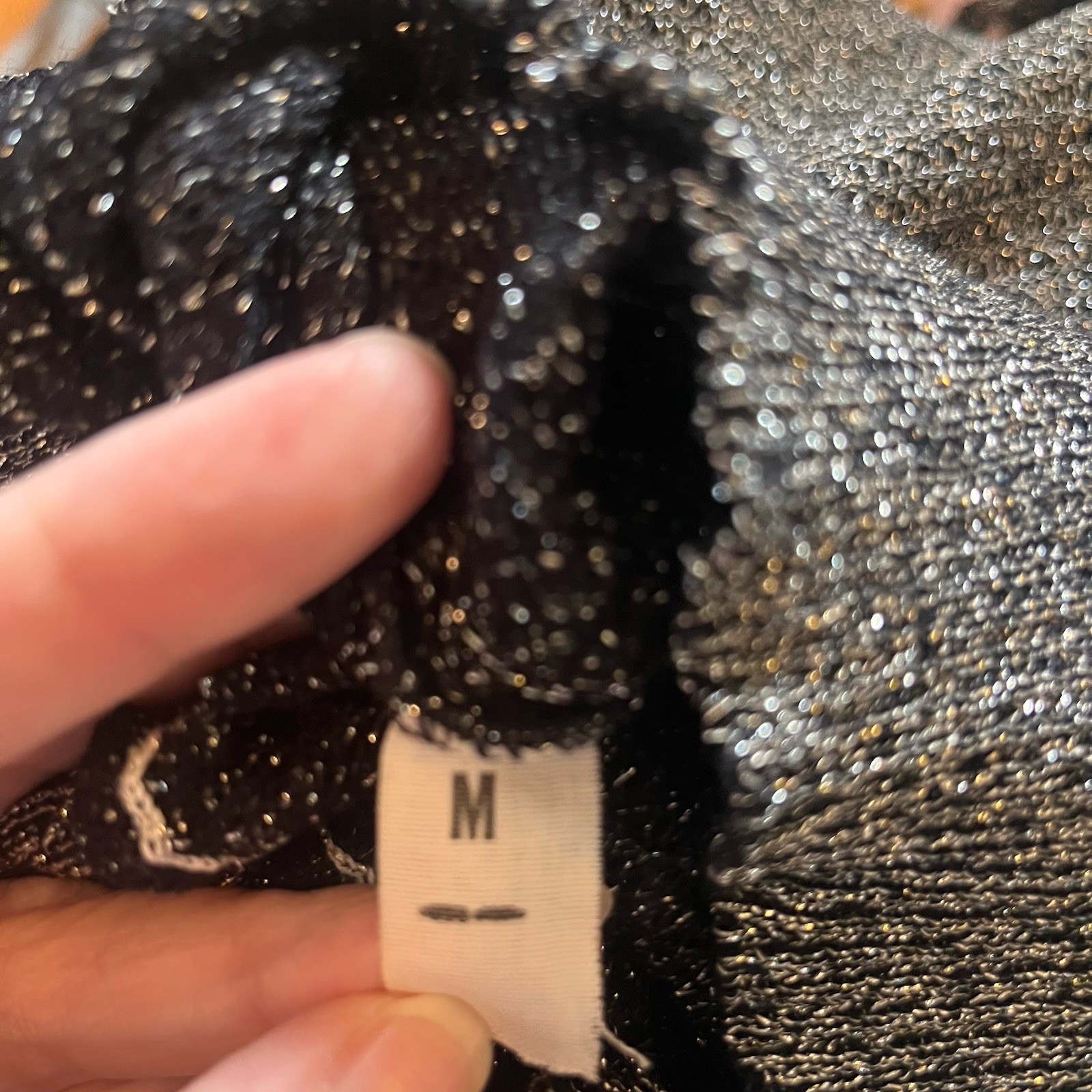 Vintage 70s JOYCE Metallic Knit Blouse Sz M Black Silver Glam Disco Boho Tie