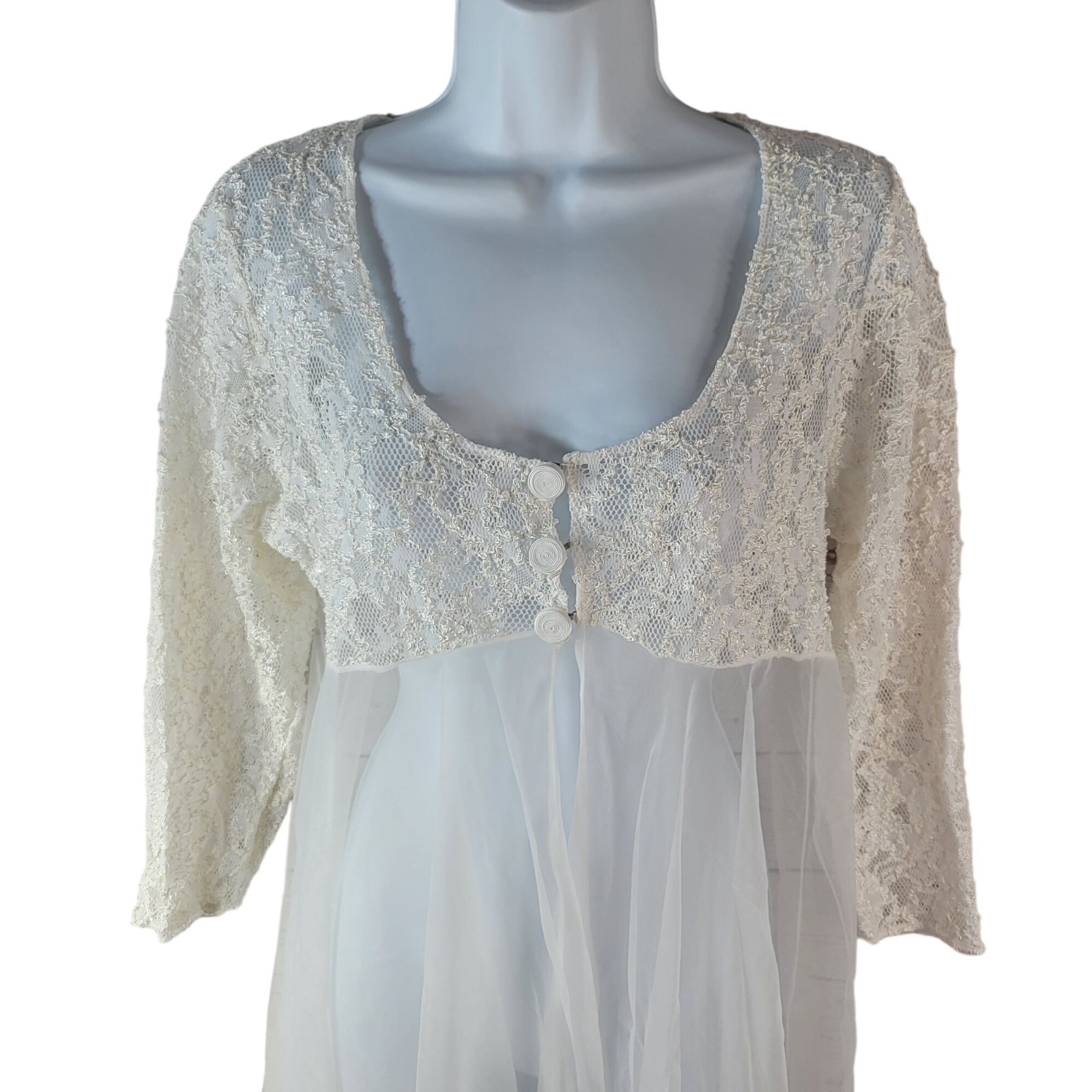 Val Mode Short Sheer Robe White Medium Button Bridal Chiffon Lace Peignoir VTG