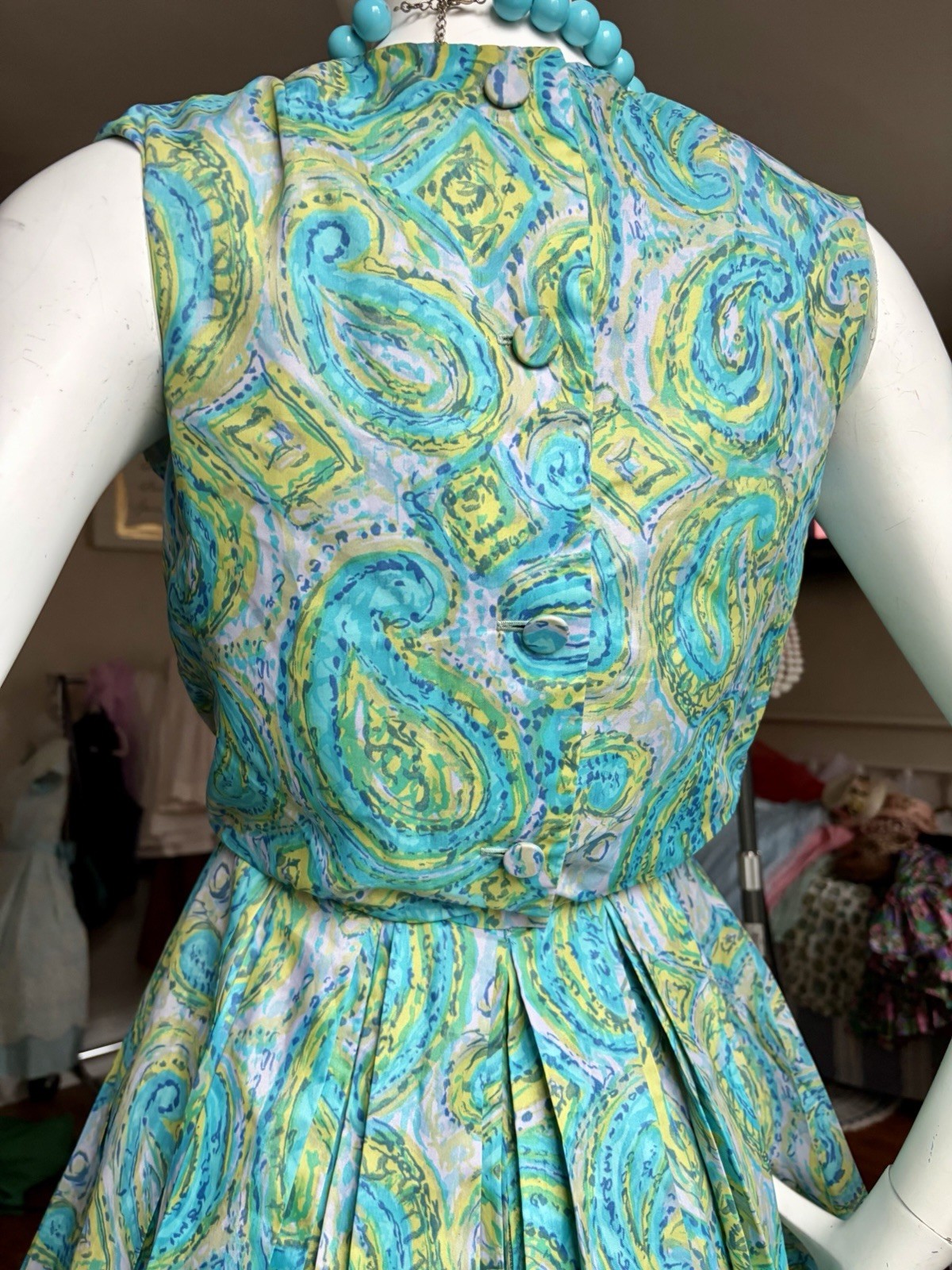 Vtg 50s 60s Bold Print Garden Party Dress Fit & Flair S 36/24 USA Union VLV 🔥