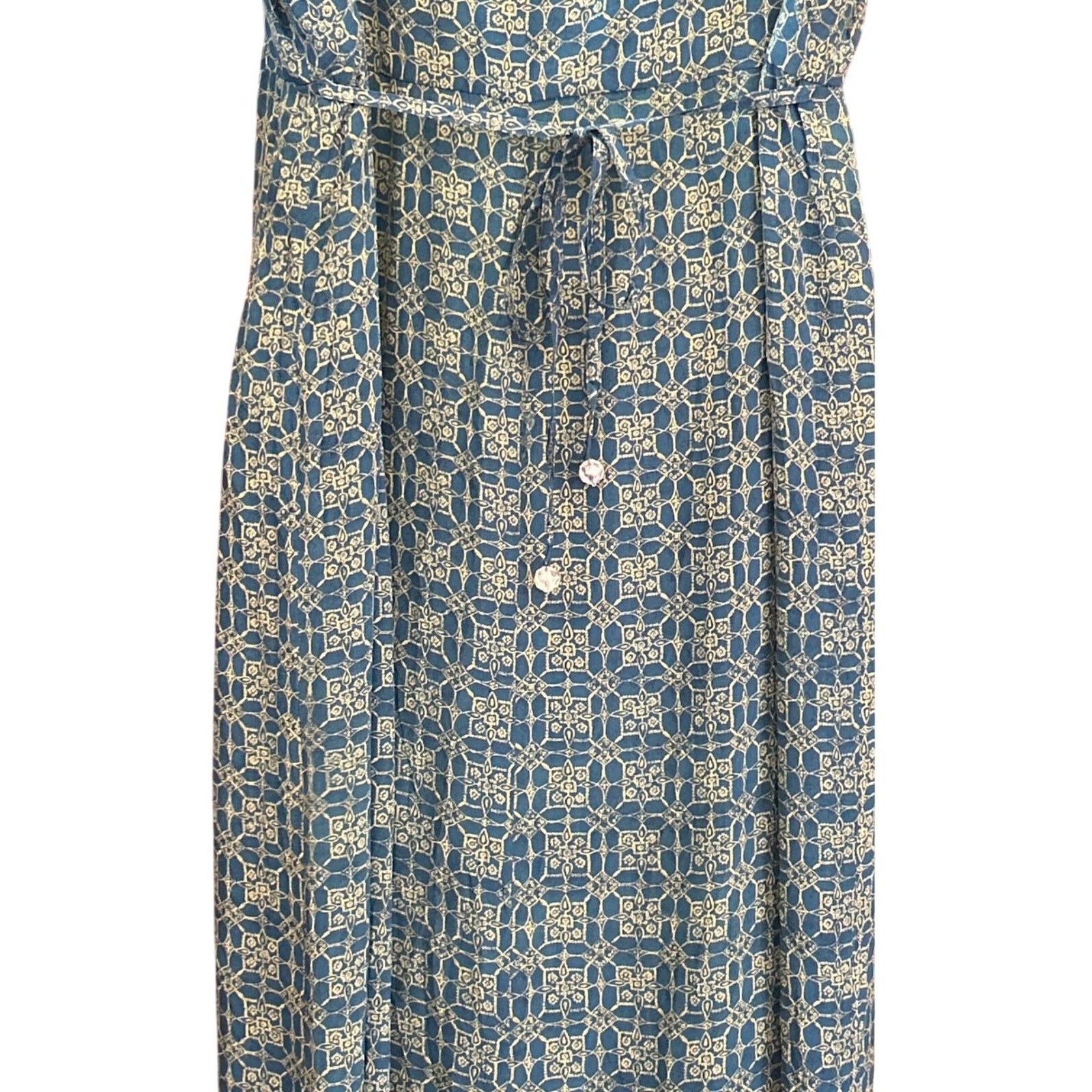Vintage 90s Amanda Smith Silk Maxi Dress Boho Coastal Tile Print Teal Gold Large