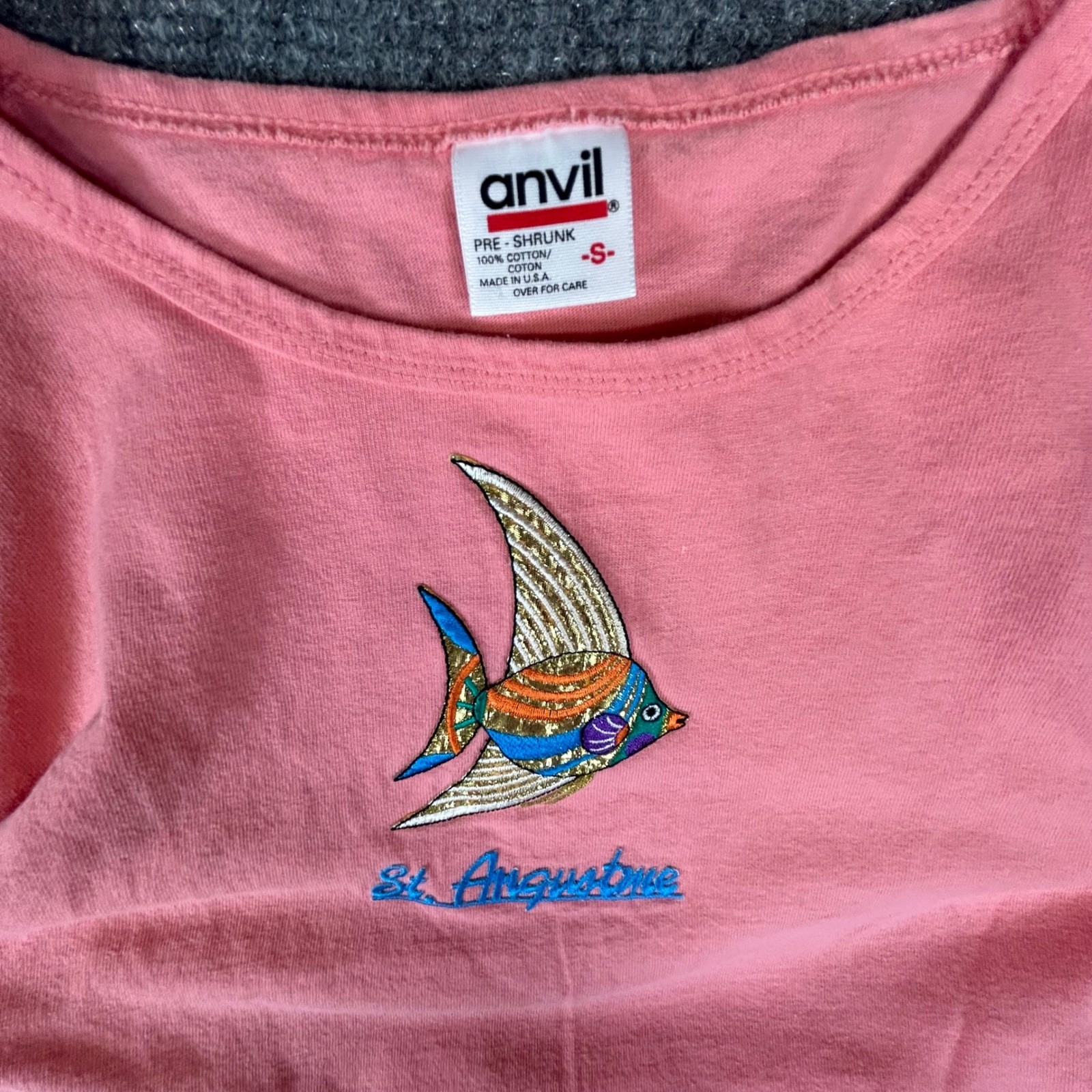 Vintage Anvil St Augustine Florida Fish Embroidered T-Shirt Pink Single Stitch S
