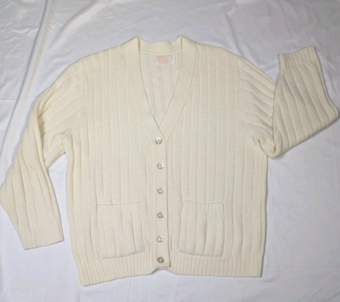 Women&rsquo;s Vintage Ivory Mother Of Pearl Button Up Knitted Cardigan Sweater Sz XL