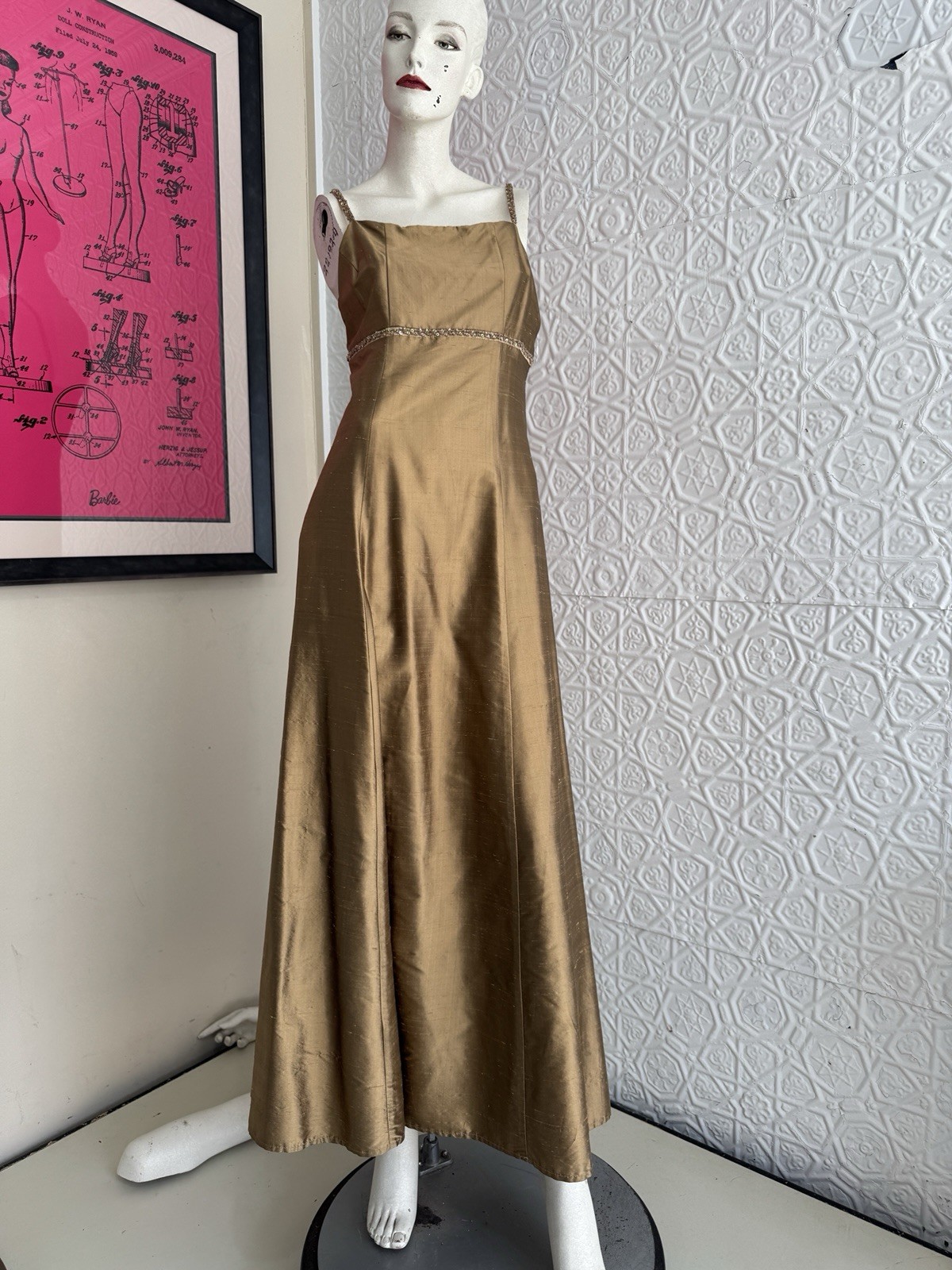 Vintage Gown 1990s Silk Beige Brown Gold Copper Beaded Tank Gown Prom Med/small