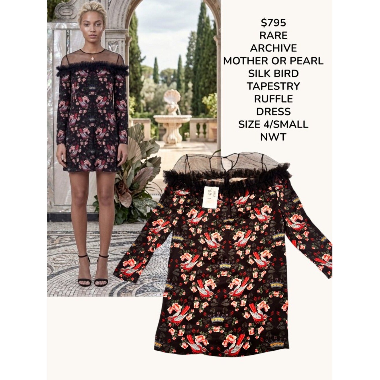 RARE $795 NWT ARCHIVE MOTHER OR PEARL SILK BIRD TAPESTRY RUFFLE MINI DRESS 4