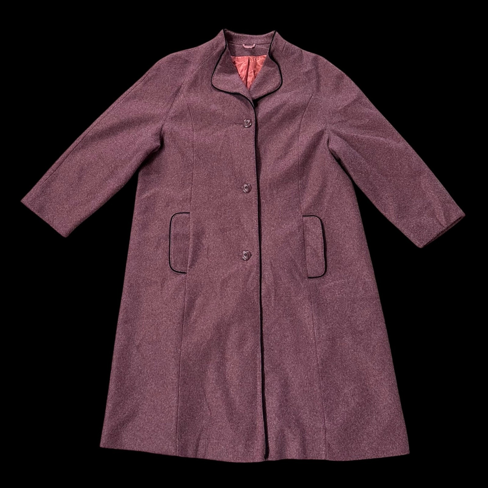 Vintage Womens Coat Sears Button Closure Pockets Mauve Pink 1980s Retro Long