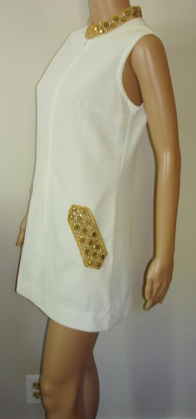 Vtg Cabot Mini Dress Rhinestone Collar & Faux Pocket Details Textured Polyester