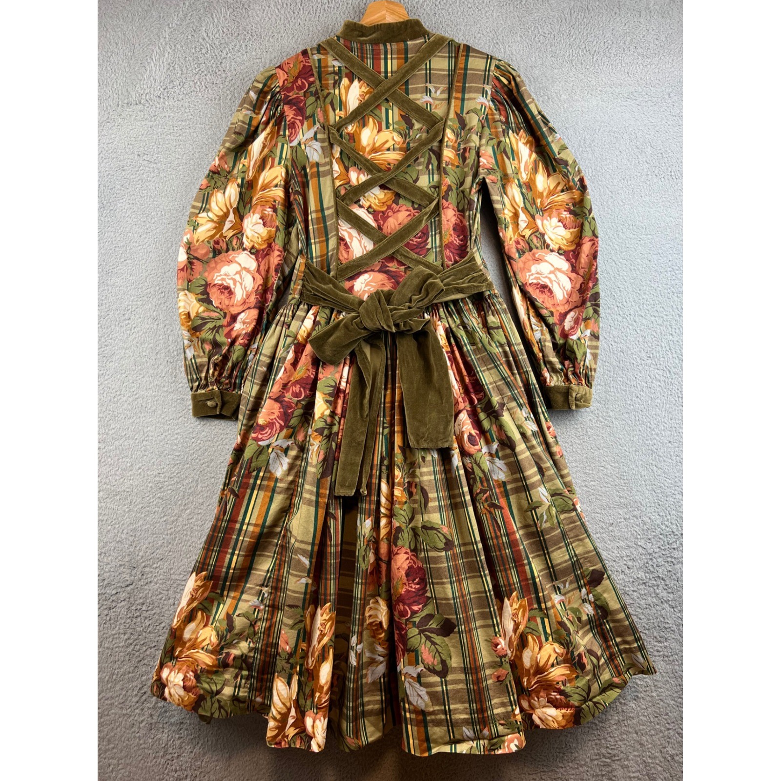 VTG Françoise Bouthillier Floral Plaid Dress Green Velvet Trim Midi Victorian