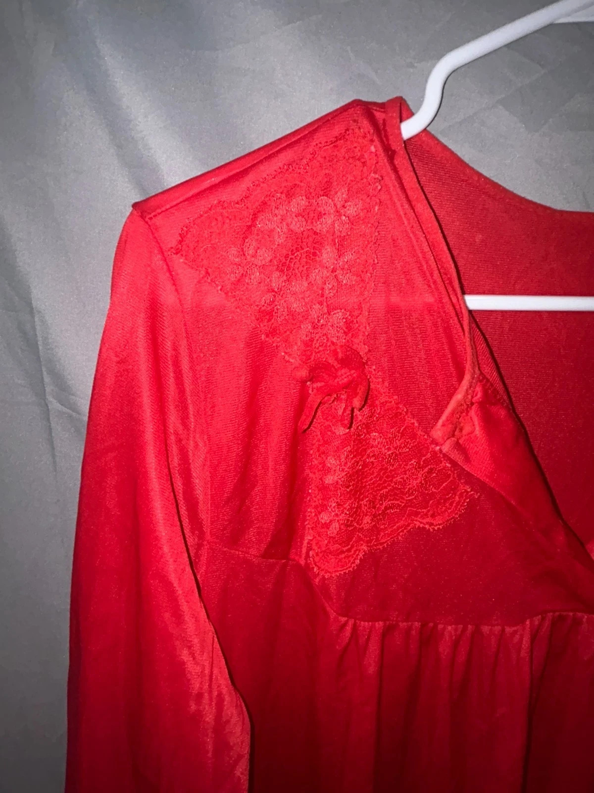 Vintage Red Long Sleeve Button Up Nylon & Lace Gown with Ruffle Hem Size Large