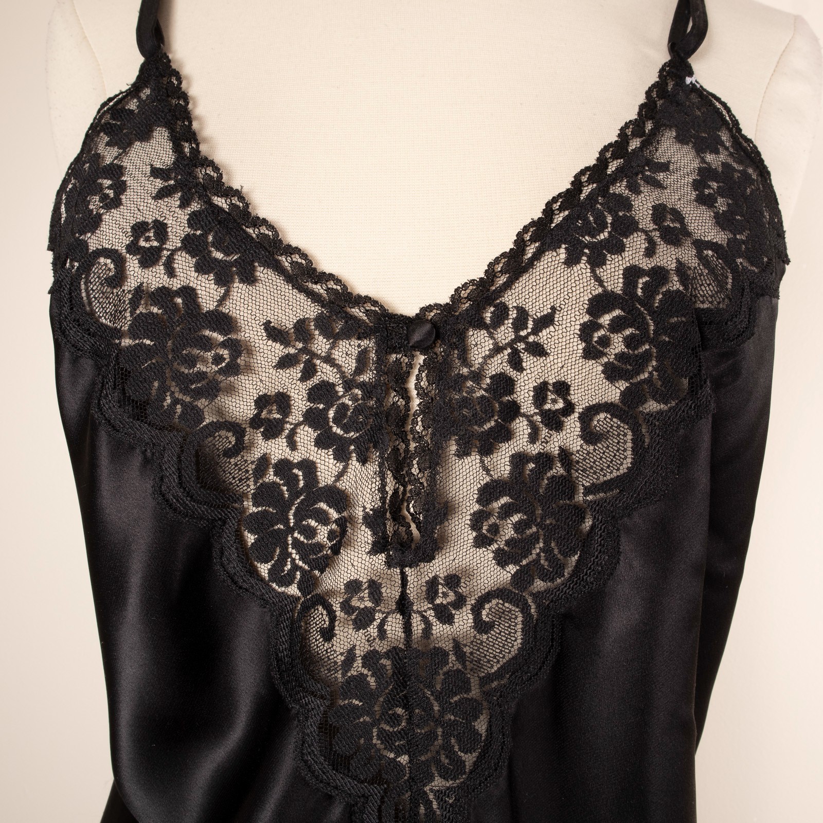 Vtg MAIDENFORM CHANTILLY Black Slip Camisole 34 Liquid Satin Lingerie Goth ILGWU