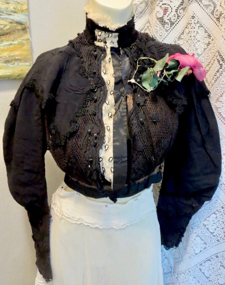 Antique 1890s Bodice Jacket Victorian High Neck Black Silk Ivory Lace Boned 30&Prime;B