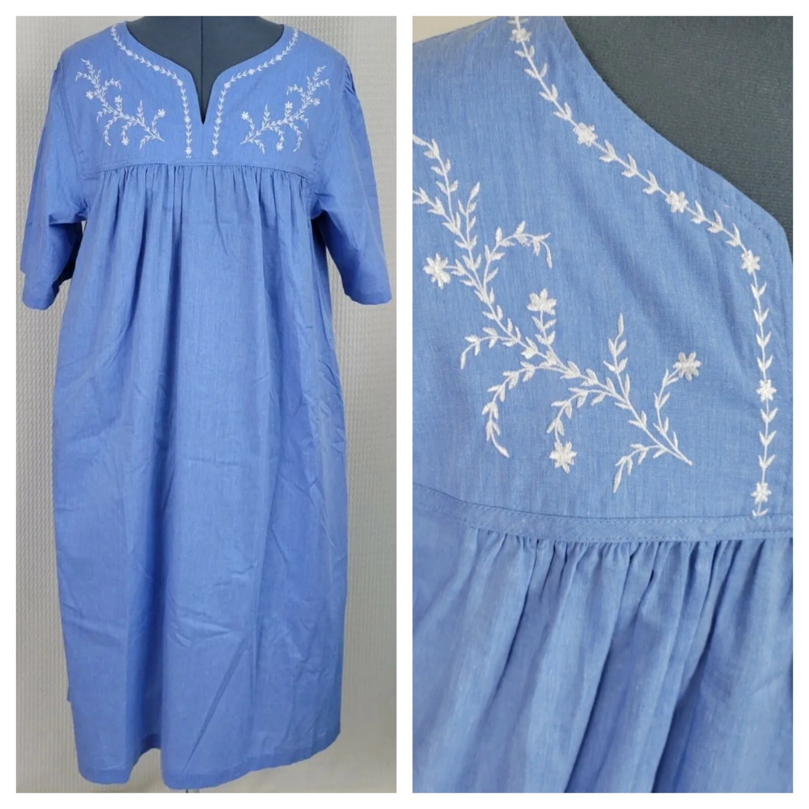 Vintage National Muu Muu in Light Blue with White Embroidery Size Large