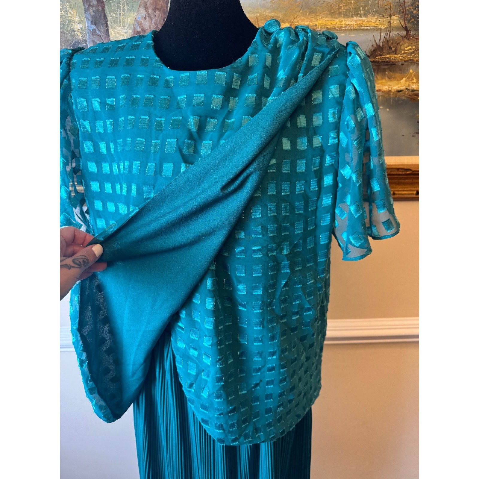 Vintage Risa Ann New York Teal Green 2 Piece Pleated Skirt Set Size 16WP USA