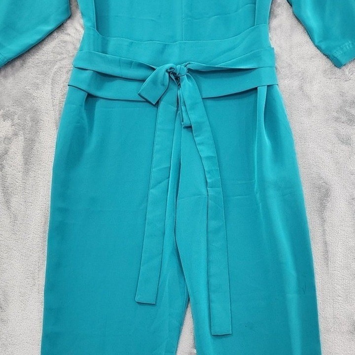 Vintage Frances Henaghan Jumpsuit Womens 8 Teal Blue Silky Tie Belt Long Sleeve