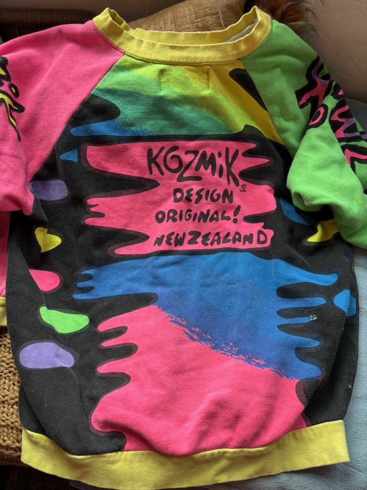 1989 Vintage Hand painted Neon Kozmik Crewneck Sweater Size XL.