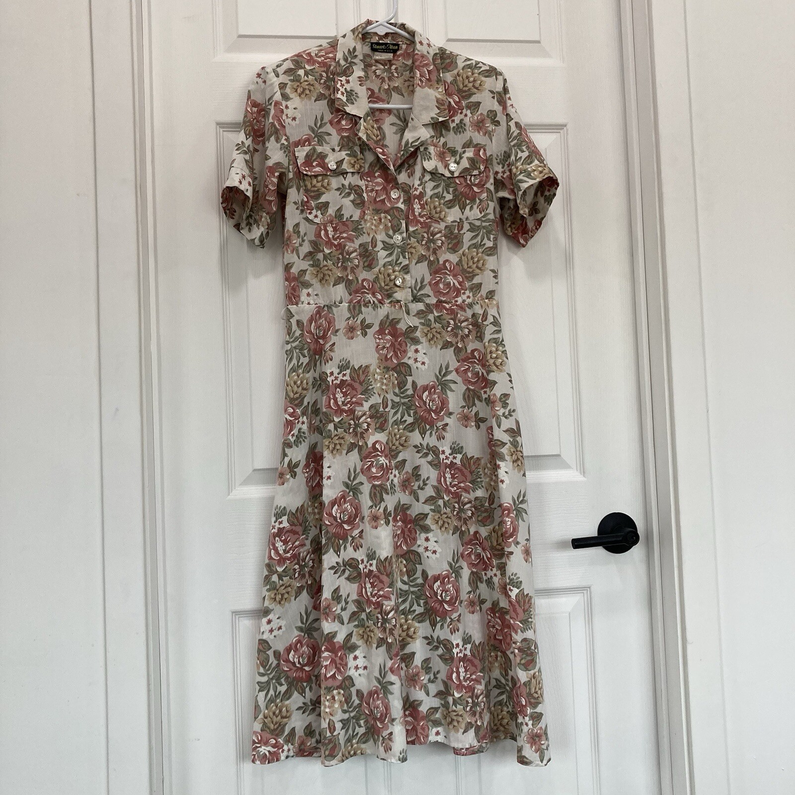 STUART ALAN Vintage 80s Cottagecore White & Pink Floral Dress, Shoulder Pads