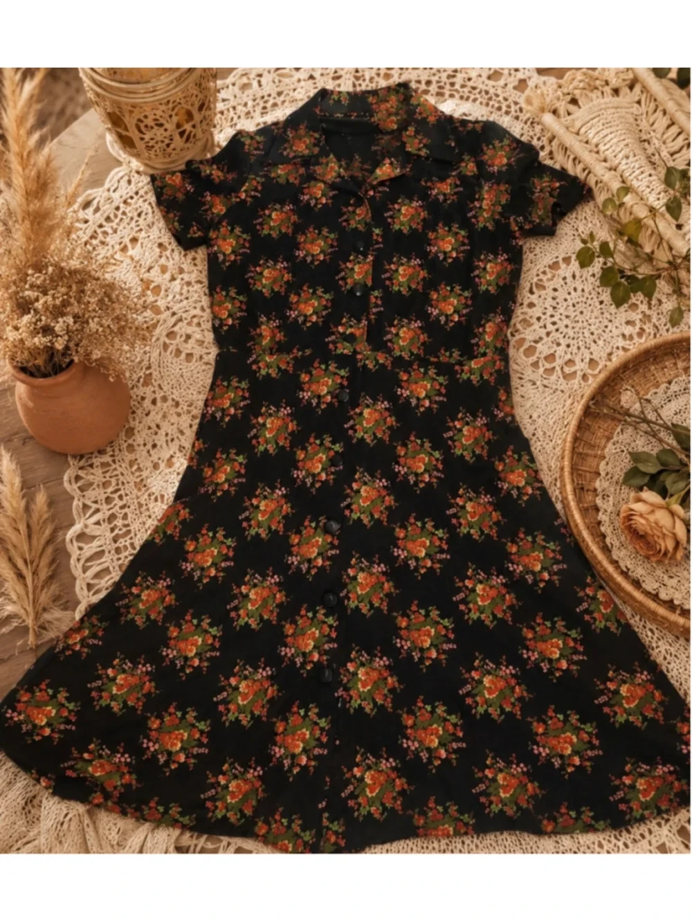 Vintage 90s Handmade Floral Button Front Midi Dress Cottagecore Boho Prairie S
