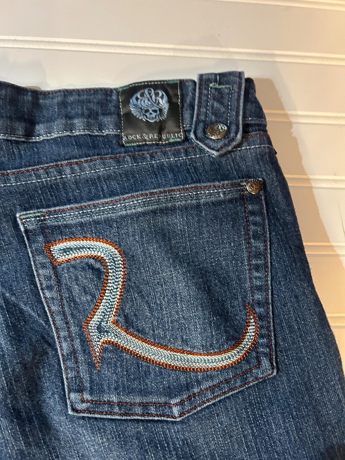 VINTAGE ROCK & Republic « Isaac » BOOT CUT JEANS Skull Orange blue s 31
