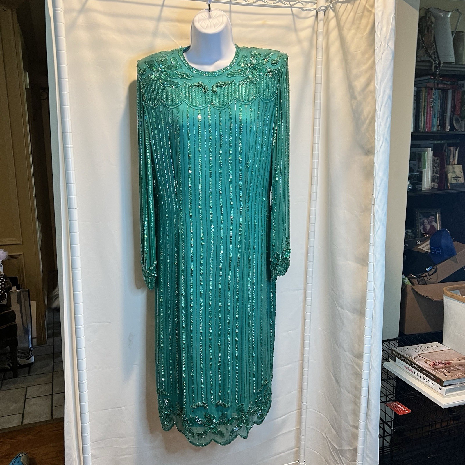 Vintge NADINE Boutique Medium Silk Hand Beaded Embellished Cocktail Dress Green