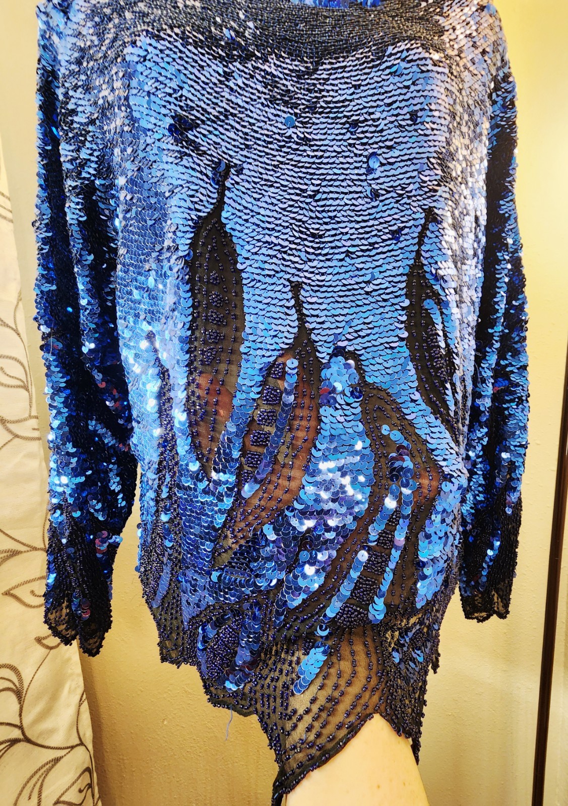 Vintage Oleg Cassini Black Tie Blue Sequin Flame Top XL Silk Beaded Trophy…