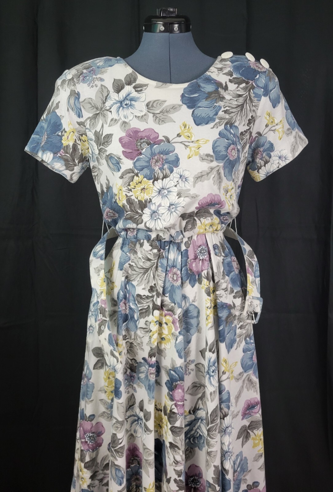 Vtg Stuart Alan Petites White/Blue/Purple Floral Blouson Knit Dress Size 8P
