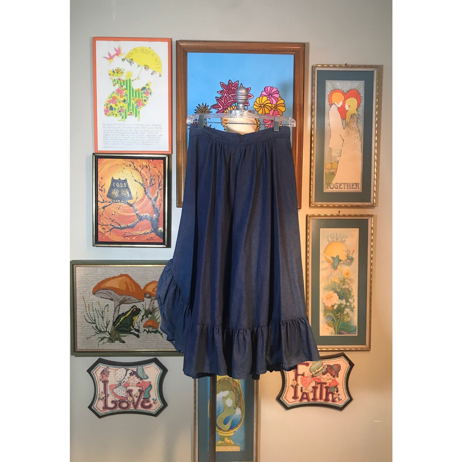 Circle T by Marilyn Lenox 1970s Blue Denim Flared Ruffled Western Skirt