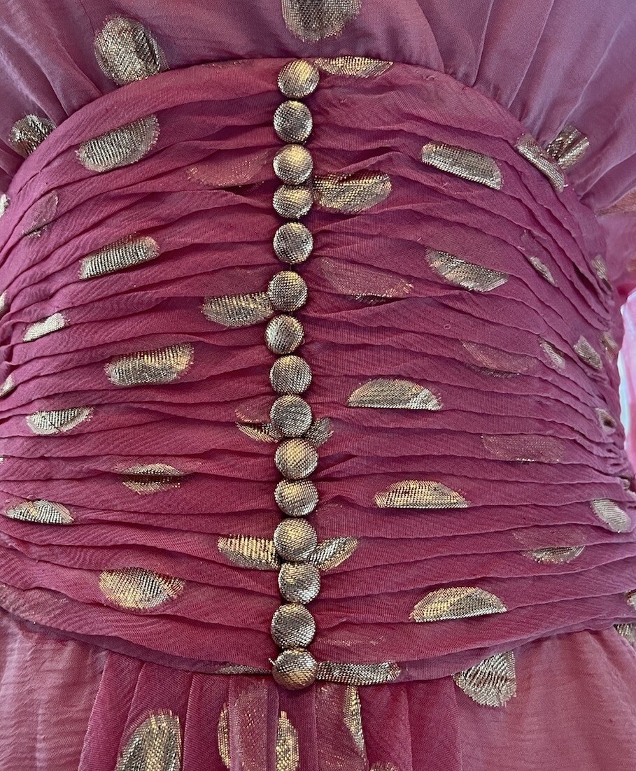80’s Iconic dynasty Couture Pink Silk Gold Foil Dot Dress 6 Vintage Goddess S