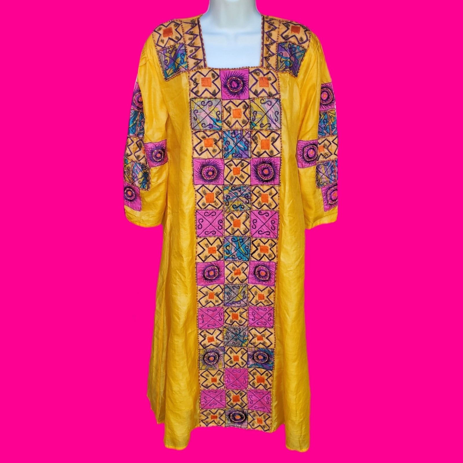 VINTAGE 90&rsquo;s Banjara Kurta Kaftan Embellished Indian Boho DRESS L
