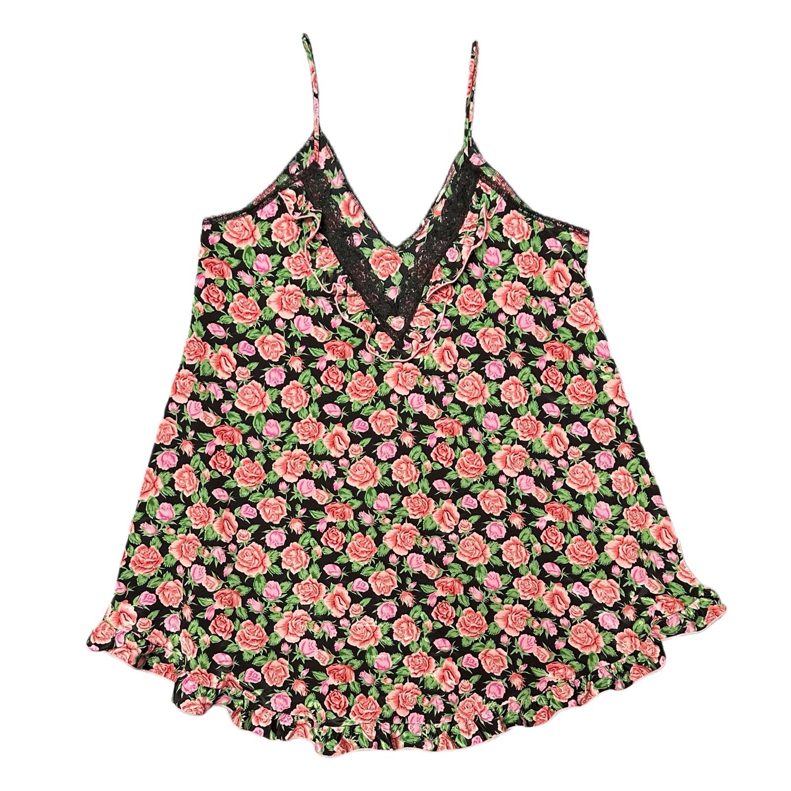 Vintage 80s/90s Nightgown Slip Cami Sleep Dress Roses Ruffle Lace Trim M/L