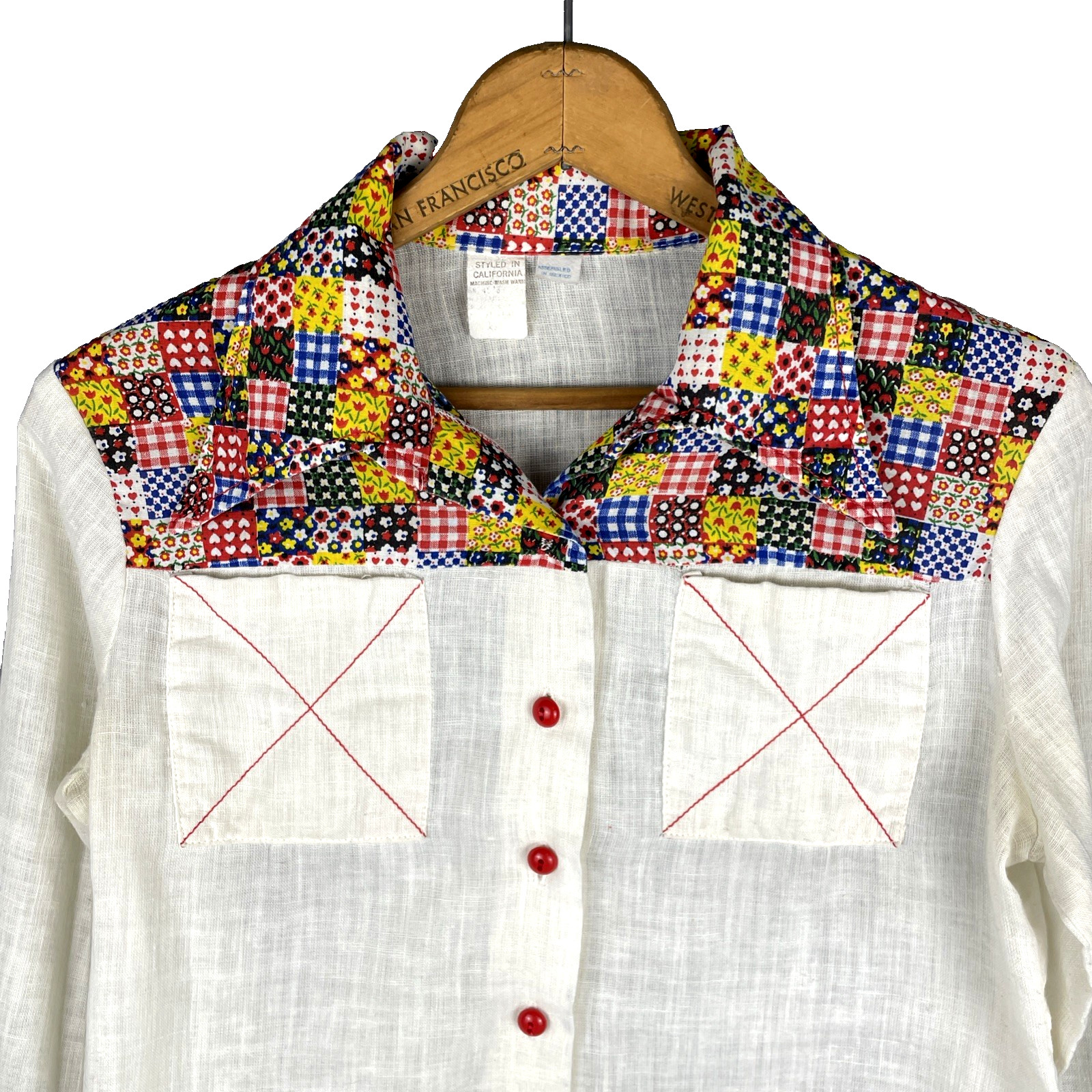 VTG 70s Patchwork Western Shirt Womens S Ivory Folk Boho Cowgirl Blouse