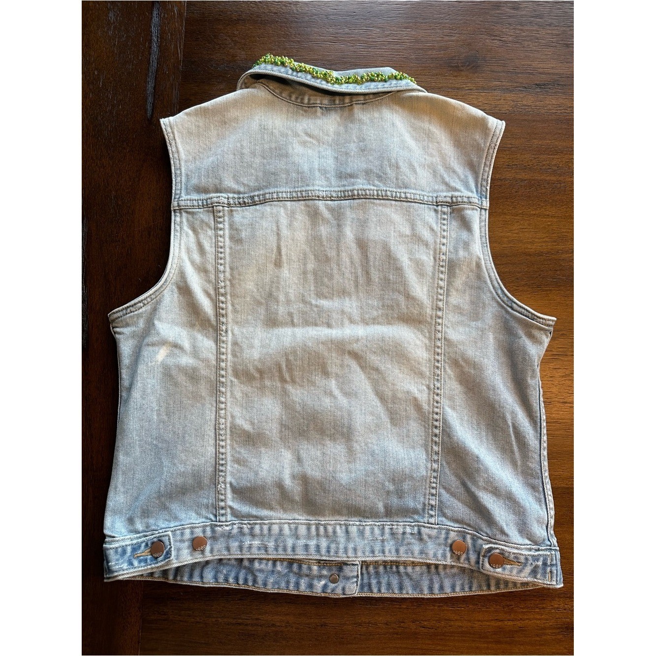 1969 Light Wash Denim Vest with Green Beaded Collar- size Large
