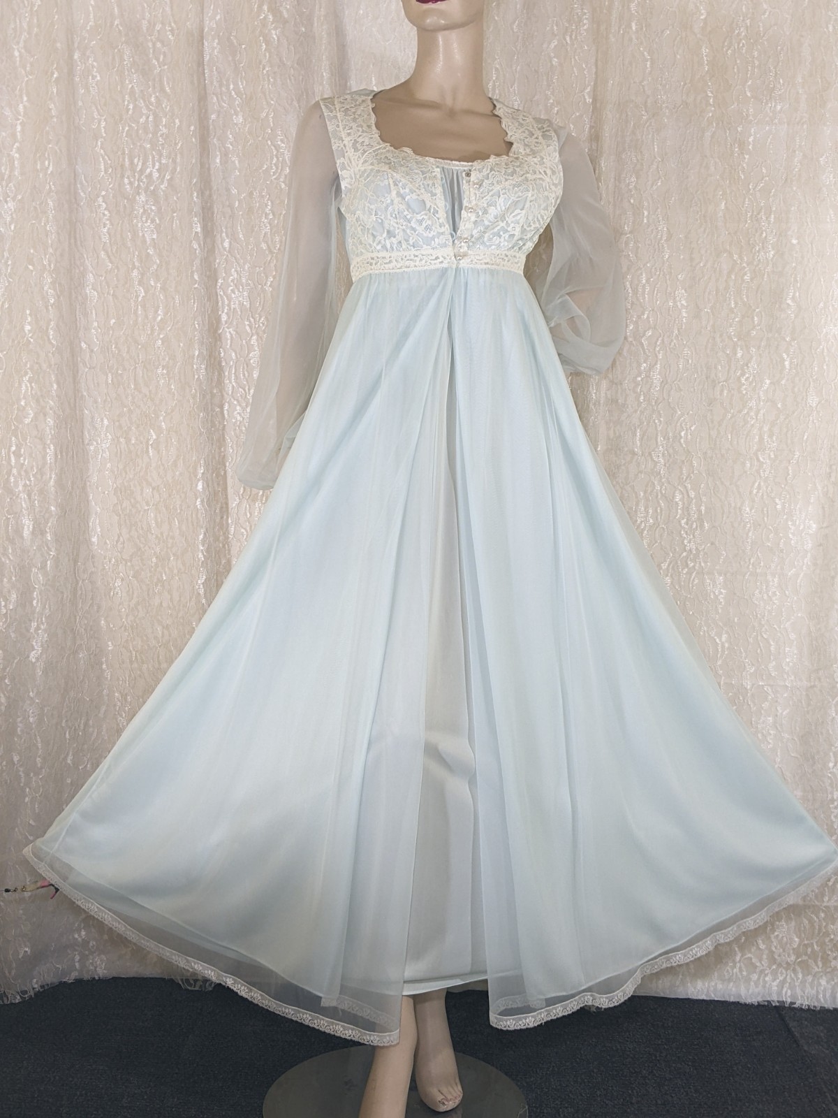 VTG Olga Stretch Full Sweep Lace Lingerie Nightgown Chiffon Peignoir Robe Set S