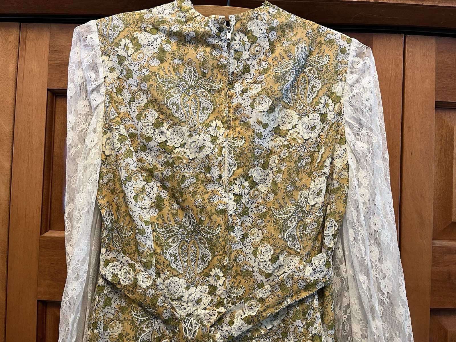 Vintage Floral Green Tan Floral Lace No Tags Prairie Maxi Dress