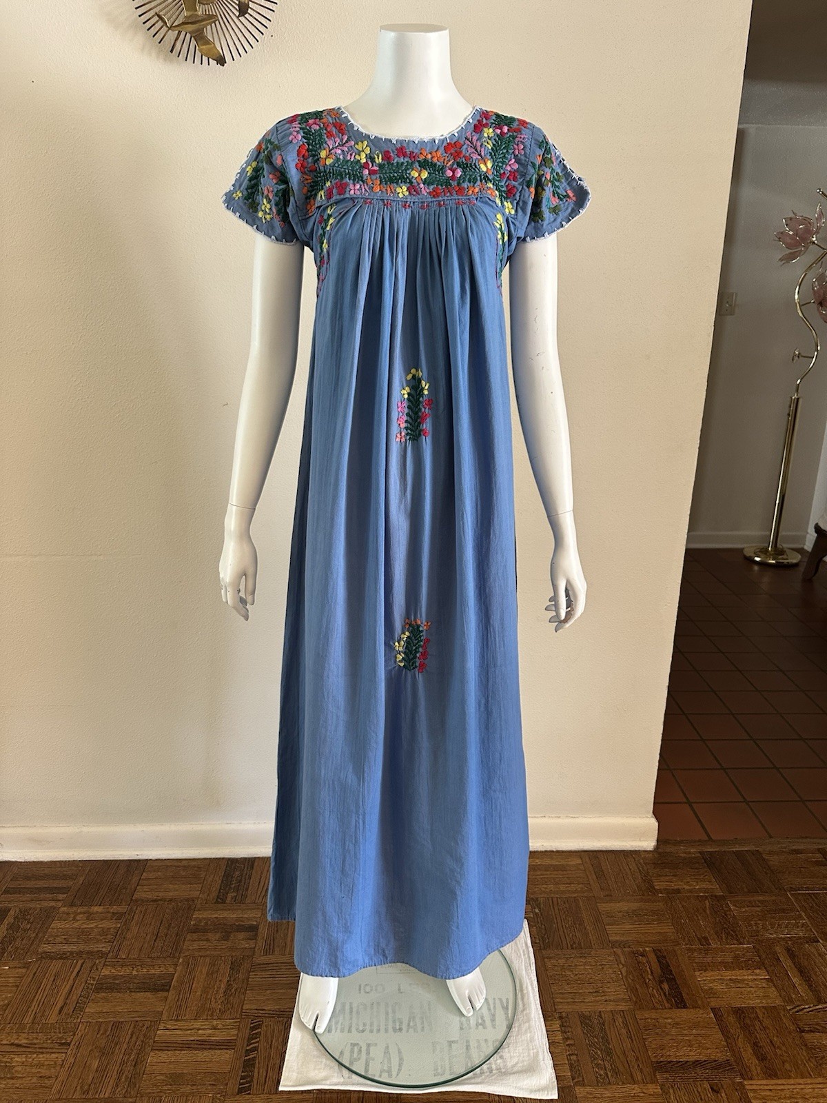 1970s Blue Cotton Oaxacan Mexican Huipil Dress Embroidered Floral Maxi Sz S VTG