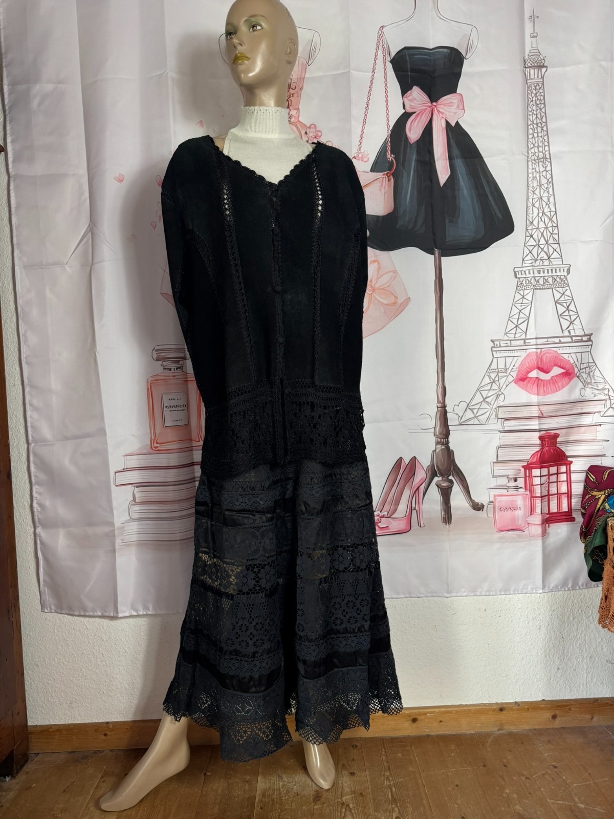 Vintage Leather Jacket Black Crochet Lace Boho Gothic Oversized 44 46 48