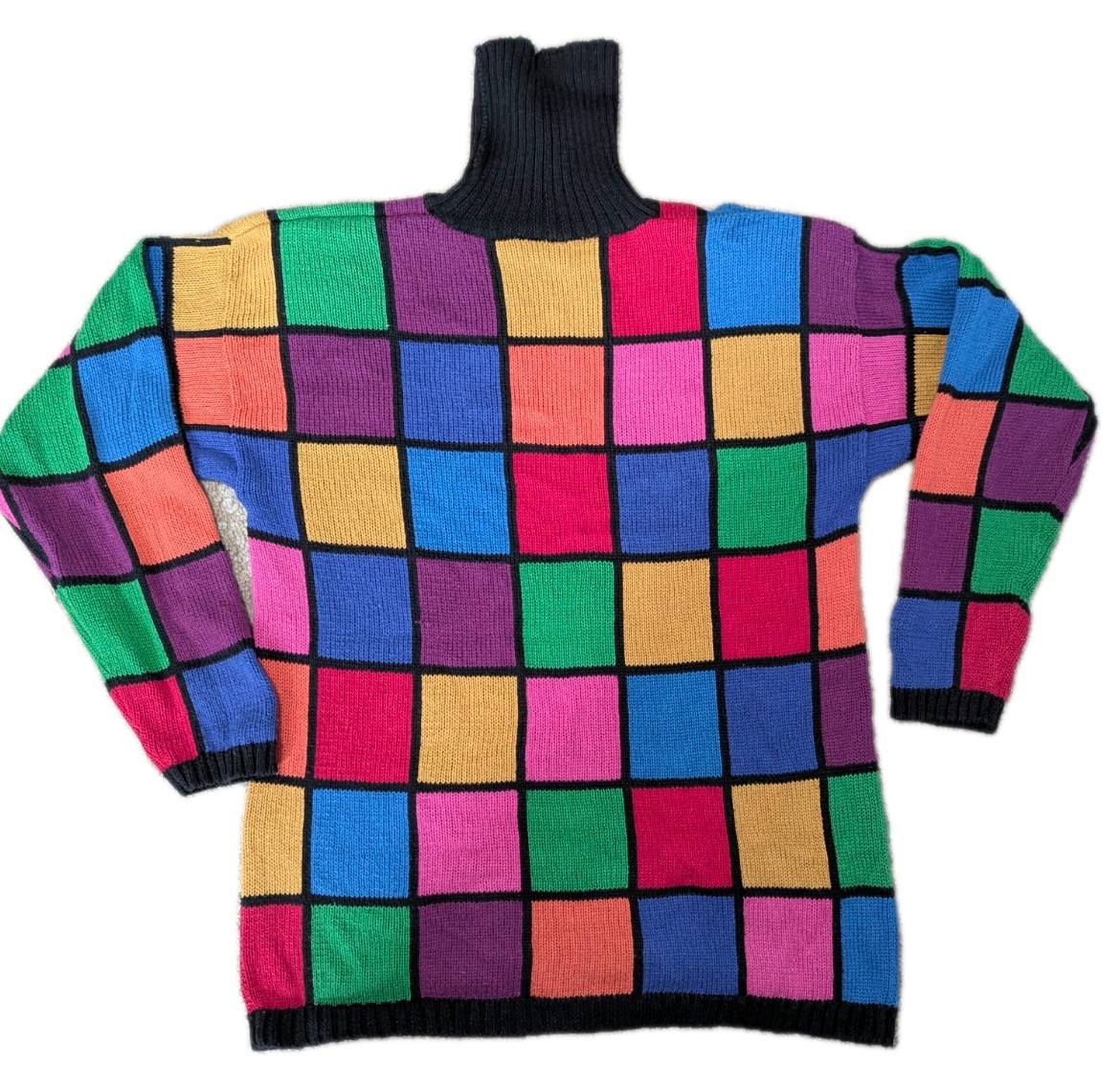 VTG 90s Rafaella Multicolored Squares Turtleneck Oversized Sweater Size Medium