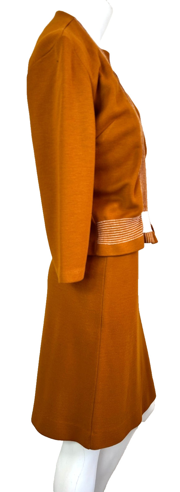 70s Cintura Knit Skirt Suit Size Small Nutmeg Jacket Open Front Top Stitch EUC