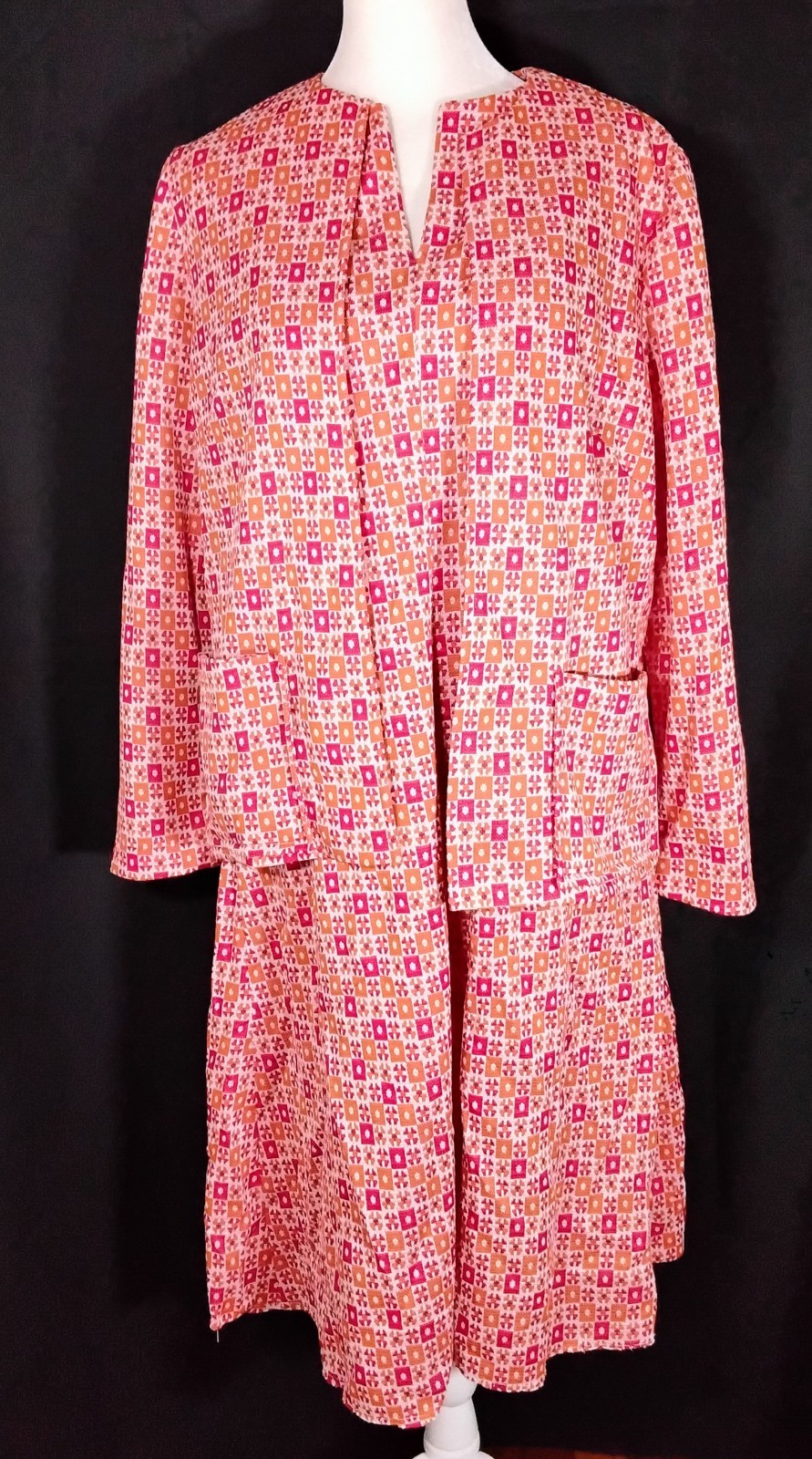 Vintage 70s Unbranded Orange Shift Midi V Neck Dress And Jacket Sz M/L USA